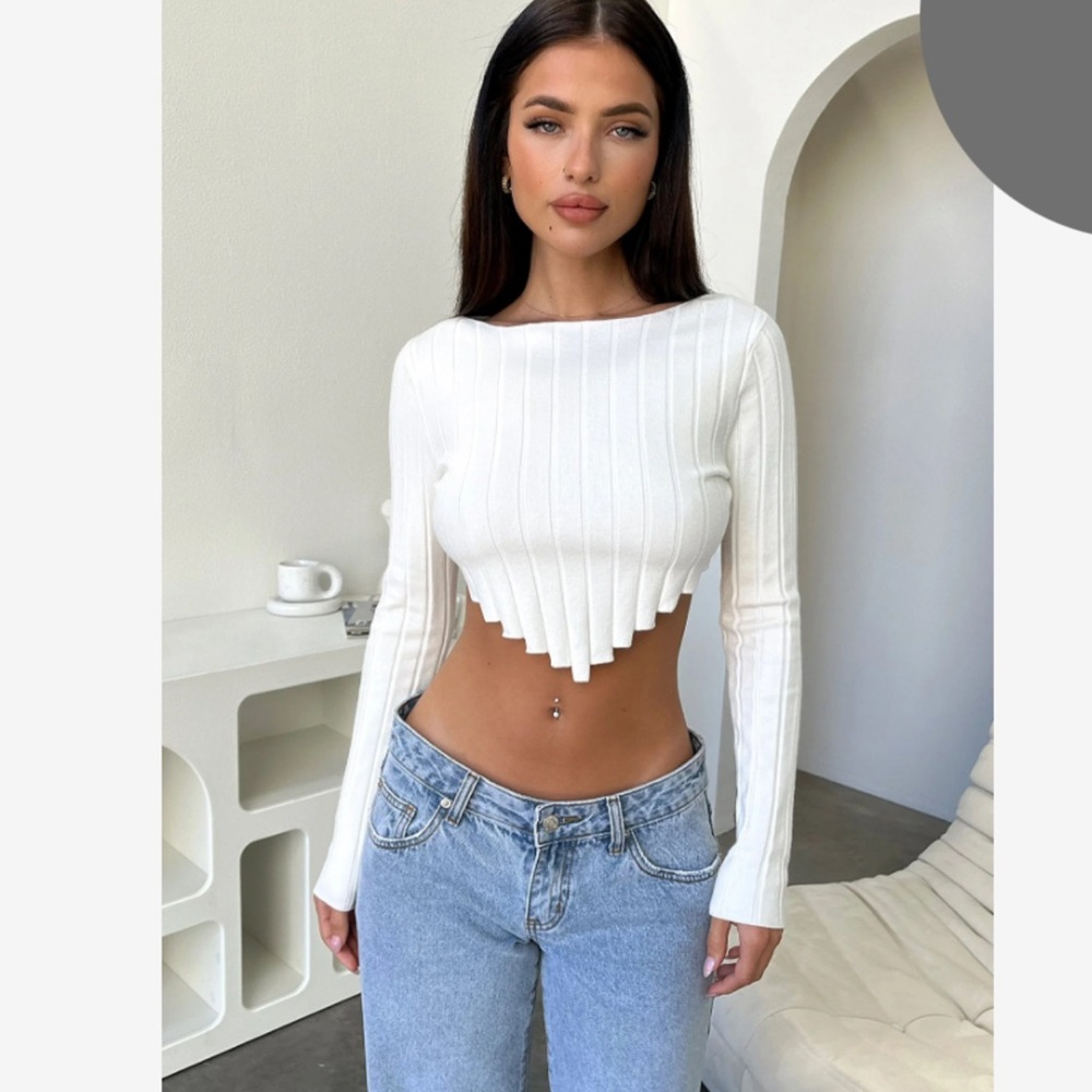 White Ribbed Long Sleeve Crop Top